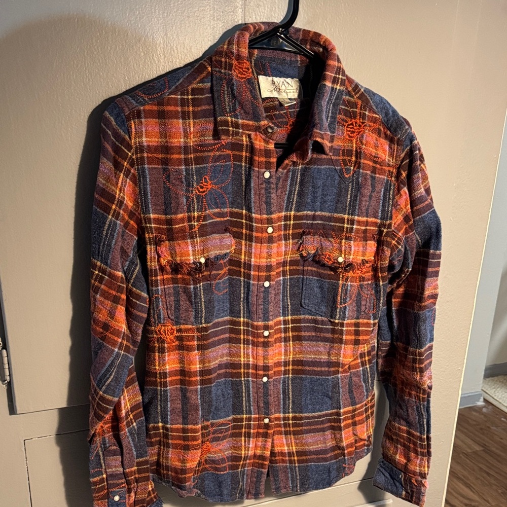 Plaid Flannel Button Down Shirt - Orange and Blue